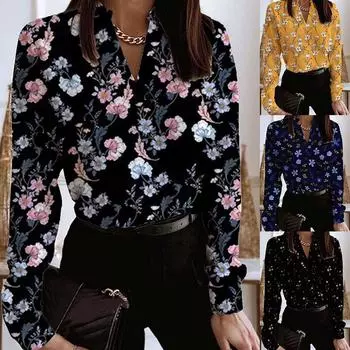 Женские топы с v-образным вырезом, блузка с принтом, топы, блузка с длинным рукавом и v-образным вырезом S чёрный