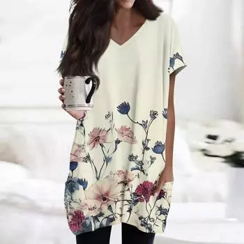 Женские топы с V-образным вырезом, блузки с коротким рукавом, повседневные рубашки средней длины, модные туники с принтом и карманами L бежевый