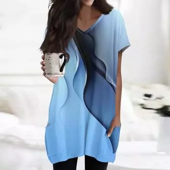 Женские топы с V-образным вырезом, блузки с коротким рукавом, повседневные рубашки средней длины, модные туники с принтом и карманами L синий