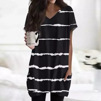 Женские топы с V-образным вырезом, блузки с коротким рукавом, повседневные рубашки средней длины, модные туники с принтом и карманами L чёрный