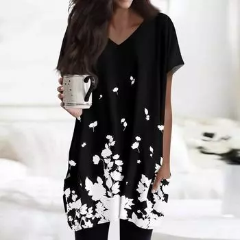 Женские топы с V-образным вырезом, блузки с коротким рукавом, повседневные рубашки средней длины, модные туники с принтом и карманами L чёрный