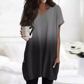 Женские топы с V-образным вырезом, блузки с коротким рукавом, повседневные рубашки средней длины, модные туники с принтом и карманами L чёрный