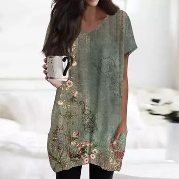 Женские топы с V-образным вырезом, блузки с коротким рукавом, повседневные рубашки средней длины, модные туники с принтом и карманами L армия зеленый