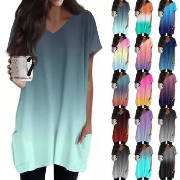 Женские топы с V-образным вырезом, блузки с коротким рукавом, повседневные рубашки средней длины, модные туники с принтом и карманами L чёрный