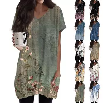 Женские топы с V-образным вырезом, блузки с коротким рукавом, повседневные рубашки средней длины, модные туники с принтом и карманами L армия зеленый