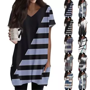 Женские топы с V-образным вырезом, блузки с коротким рукавом, повседневные рубашки средней длины, модные туники с принтом и карманами L чёрный