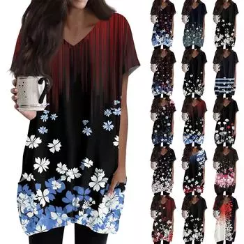 Женские топы с V-образным вырезом, блузки с коротким рукавом, повседневные рубашки средней длины, модные туники с принтом и карманами L чёрный