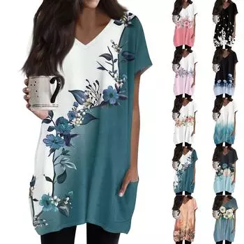 Женские топы с V-образным вырезом, блузки с коротким рукавом, повседневные рубашки средней длины, модные туники с принтом и карманами L чёрный