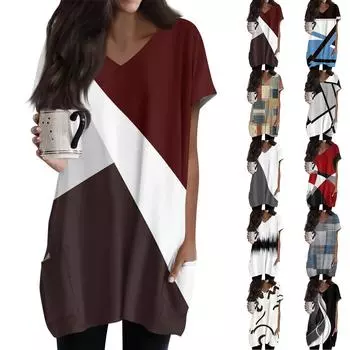 Женские топы с V-образным вырезом, блузки с коротким рукавом, повседневные рубашки средней длины, модные туники с принтом и карманами L бежевый