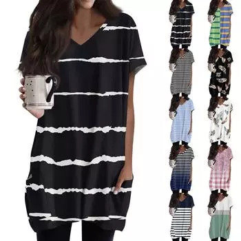 Женские топы с V-образным вырезом, блузки с коротким рукавом, повседневные рубашки средней длины, модные туники с принтом и карманами L чёрный