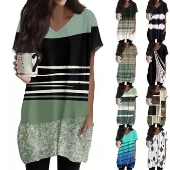 Женские топы с V-образным вырезом, блузки с коротким рукавом, повседневные рубашки средней длины, модные туники с принтом и карманами L чёрный