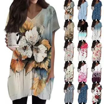 Женские топы с V-образным вырезом, блузки с коротким рукавом, повседневные рубашки средней длины, модные туники с принтом и карманами L бежевый