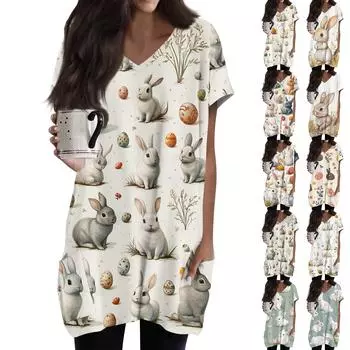 Женские топы с V-образным вырезом, блузки с коротким рукавом, повседневные рубашки средней длины, модные туники с принтом и карманами XL жёлтый