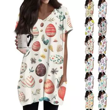 Женские топы с V-образным вырезом, блузки с коротким рукавом, повседневные рубашки средней длины, модные туники с принтом и карманами M