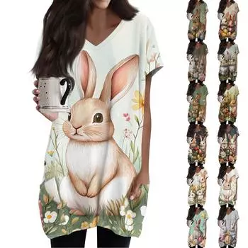 Женские топы с V-образным вырезом, блузки с коротким рукавом, повседневные рубашки средней длины, модные туники с принтом и карманами XL