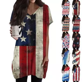 Женские топы с V-образным вырезом, блузки с коротким рукавом, повседневные рубашки средней длины, модные туники с принтом «День независимости» и карманами S красный