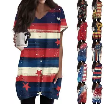 Женские топы с V-образным вырезом, блузки с коротким рукавом, повседневные рубашки средней длины, модные туники с принтом «День независимости» и карманами S винный