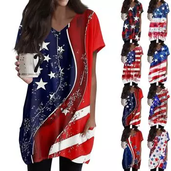 Женские топы с V-образным вырезом, блузки с коротким рукавом, повседневные рубашки средней длины, модные туники с принтом «День независимости» и карманами M