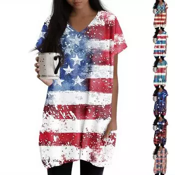 Женские топы с V-образным вырезом, блузки с коротким рукавом, повседневные рубашки средней длины, модные туники с принтом и карманами M