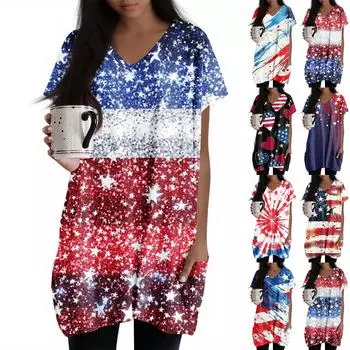 Женские топы с V-образным вырезом, блузки с коротким рукавом, повседневные рубашки средней длины, модные туники с принтом и карманами XL
