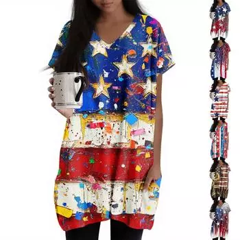 Женские топы с V-образным вырезом, блузки с коротким рукавом, повседневные рубашки средней длины, модные туники с принтом и карманами XL чёрный