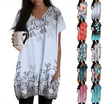 Женские топы с V-образным вырезом, блузки с коротким рукавом, повседневные рубашки средней длины, модные туники с принтом и карманами XL чёрный