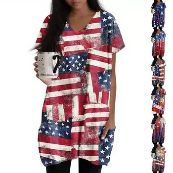 Женские топы с V-образным вырезом, блузки с коротким рукавом, повседневные рубашки средней длины, модные туники с принтом и карманами M чёрный