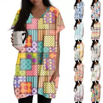 Женские топы с V-образным вырезом, блузки с коротким рукавом, повседневные рубашки средней длины, модные туники с принтом и карманами M