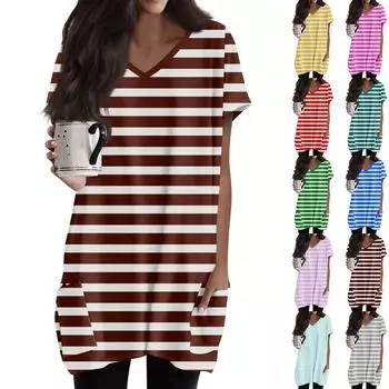 Женские топы с V-образным вырезом, блузки с коротким рукавом, повседневные рубашки средней длины, модные туники с принтом и карманами S