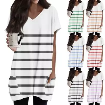 Женские топы с V-образным вырезом, блузки с коротким рукавом, повседневные рубашки средней длины, модные туники с принтом и карманами L зелёный