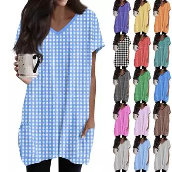 Женские топы с V-образным вырезом, блузки с коротким рукавом, повседневные рубашки средней длины, модные туники с принтом и карманами L чёрный