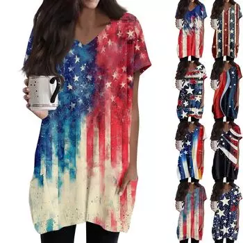 Женские топы с V-образным вырезом, блузки с коротким рукавом, повседневные рубашки средней длины, модные туники с принтом «День независимости» и карманами L чёрный
