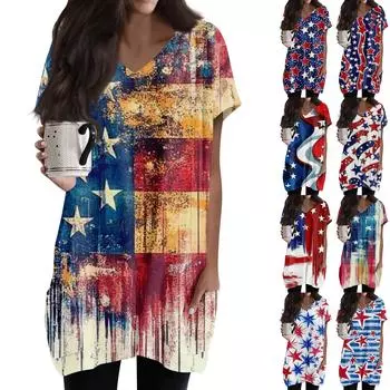 Женские топы с V-образным вырезом, блузки с коротким рукавом, повседневные рубашки средней длины, модные туники с принтом «День независимости» и карманами L синий