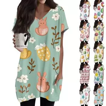 Женские топы с V-образным вырезом, блузки с коротким рукавом, повседневные рубашки средней длины, модные туники с принтом и карманами M