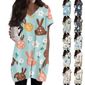 Женские топы с V-образным вырезом, блузки с коротким рукавом, повседневные рубашки средней длины, модные туники с принтом и карманами S синий