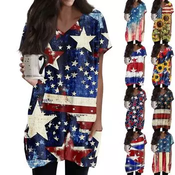 Женские топы с V-образным вырезом, блузки с коротким рукавом, повседневные рубашки средней длины, модные туники с принтом «День независимости» и карманами XL жёлтый