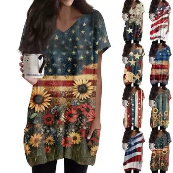 Женские топы с V-образным вырезом, блузки с коротким рукавом, повседневные рубашки средней длины, модные туники с принтом «День независимости» и карманами XL