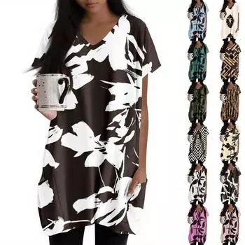 Женские топы с V-образным вырезом, блузки с коротким рукавом, повседневные рубашки средней длины, модные туники с принтом и карманами S