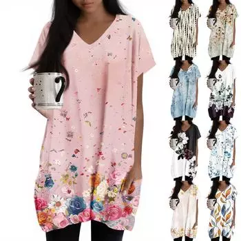 Женские топы с V-образным вырезом, блузки с коротким рукавом, повседневные рубашки средней длины, модные туники с принтом и карманами M