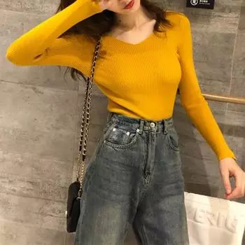 Женские топы с V-образным вырезом, длинным рукавом, облегающий свитер, однотонный ребристый низ, эластичный трикотаж зелёный