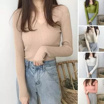 Женские топы с V-образным вырезом, длинным рукавом, облегающий свитер, однотонный ребристый низ, эластичный трикотаж зелёный