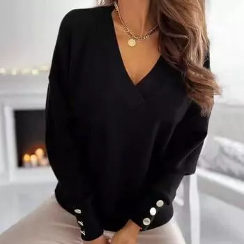 Женские топы с V-образным вырезом, длинным рукавом, манжетами на металлических пуговицах, трикотажные топы, однотонные, в стиле «коммутация», свободный крой, трикотаж M белый