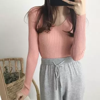 Женские топы с V-образным вырезом, длинным рукавом, облегающий свитер, однотонный ребристый низ, эластичный трикотаж One Size вино красного