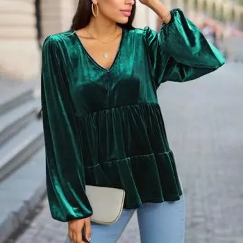 Женские топы с V-образным вырезом, длинным рукавом, однотонный пуловер, свободный покрой, отделка рюшами, бархатная рубашка S