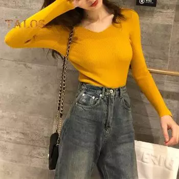 Женские топы с V-образным вырезом, длинным рукавом, облегающий свитер, однотонный ребристый низ, эластичный трикотаж зелёный