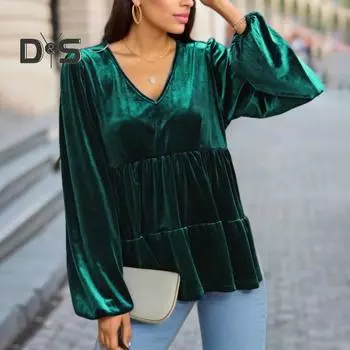 Женские топы с V-образным вырезом, длинным рукавом, однотонный пуловер, свободный покрой, отделка рюшами, бархатная рубашка S темно-зеленого