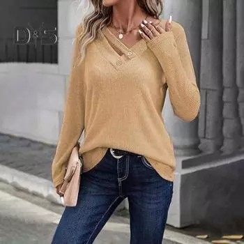 Женские топы с V-образным вырезом, длинным рукавом, ребристым трикотажным топом с пуговицами, однотонная свободная крой, эластичная осенняя рубашка, повседневная офисная одежда XXL хаки
