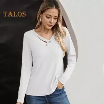 Женские топы с V-образным вырезом, длинным рукавом, ребристым трикотажным топом с пуговицами, однотонная свободная крой, эластичная осенняя рубашка, повседневная офисная одежда L серый