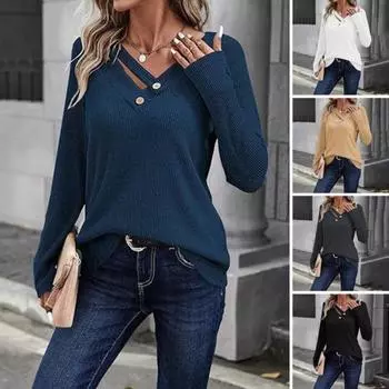 Женские топы с V-образным вырезом, длинным рукавом, ребристым трикотажным топом с пуговицами, однотонная свободная крой, эластичная осенняя рубашка, повседневная офисная одежда XL синий