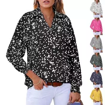 Женские топы с V-образным вырезом, длинными рукавами, принтом в горошек, блузка на завязках L чёрный